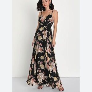 Lulus Sz L Refined Radiance Black Floral Print Burnout Maxi Dress